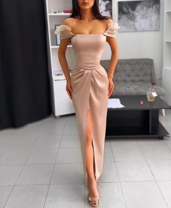 Charming Lotus Root Pink Strapless Mermaid Prom Dress with Pleated Ruffles